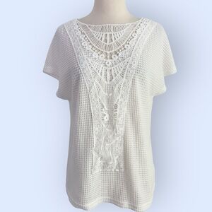 SHEIN Waffle Knit Crochet Front Short Sleeve Top Women’s M (6/8) Winter White